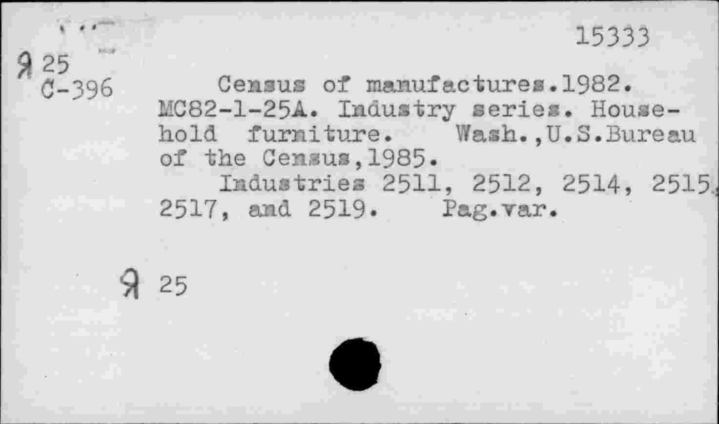 ﻿15333
<3-396	Census of manufactures. 1982.
MC82-1-25A. Industry series. Household furniture. Wash.,U.S.Bureau of the Census,1985»
Industries 2511, 2512, 2514, 2515 2517, and 2519. Pag.var.
3 25